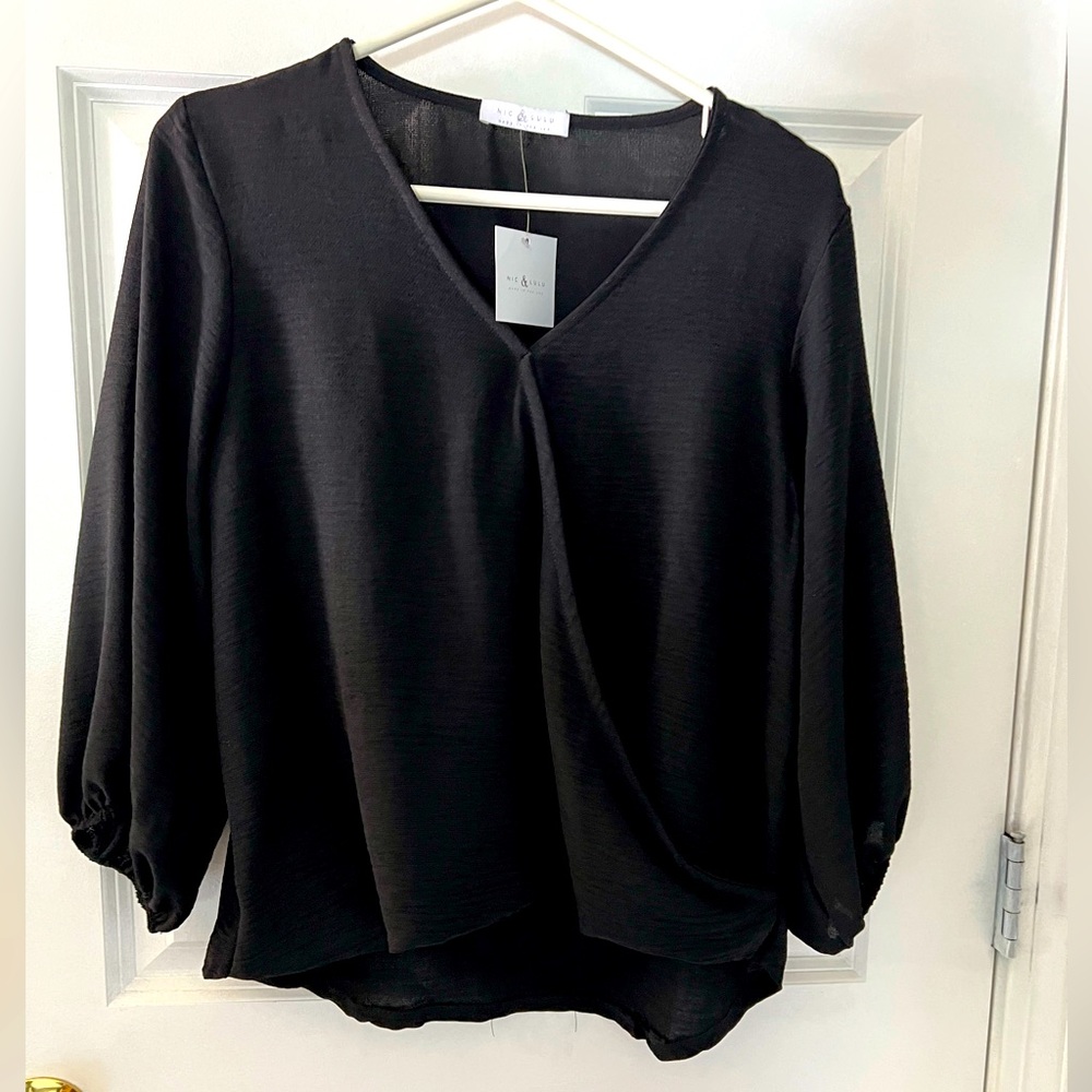 Nic & Lulu black long sleeve dolman style blouse with cross front, size S